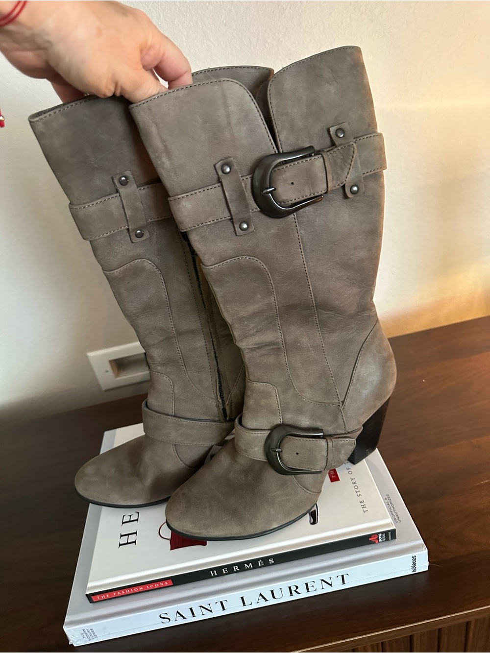 Born Crown Gray/Taupe Mid-Calf Buckle Heeled Boots